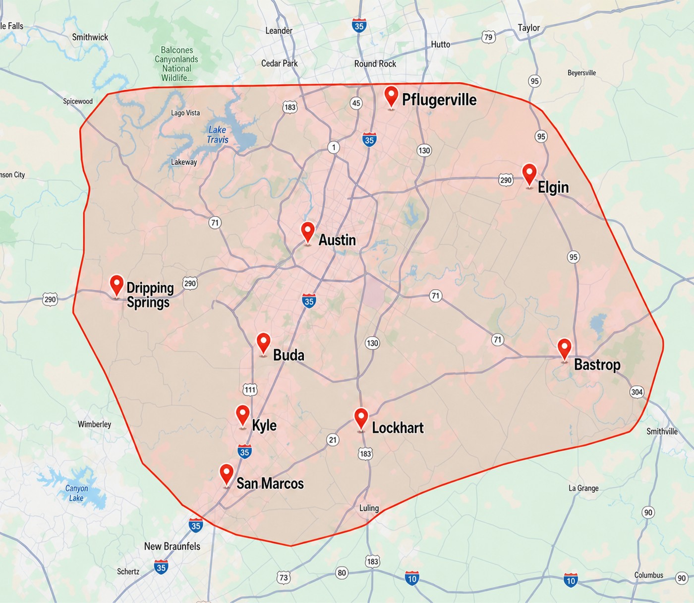 Map of the Redbox+ Dumpsters of Greater Austin service area